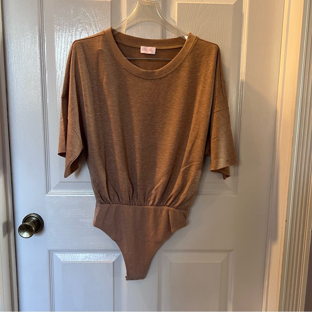 Pink Lily Brown Short Sleeve Crewneck Bodysuit